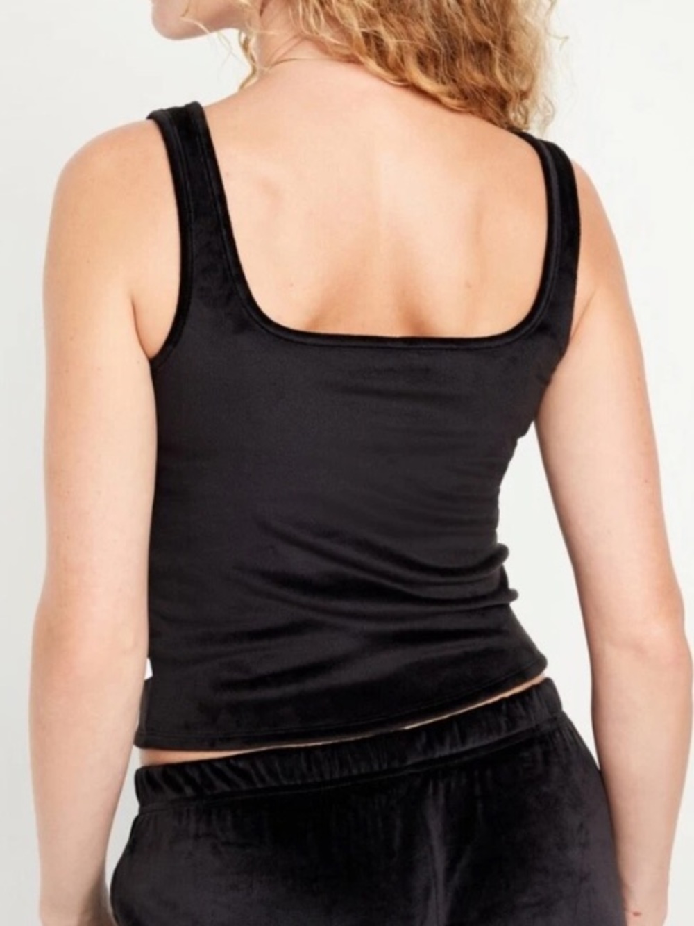 Black Cropped Tank Top Loungewear Velvet Square Neck Pajama Cozy Size L - Picture 2 of 8